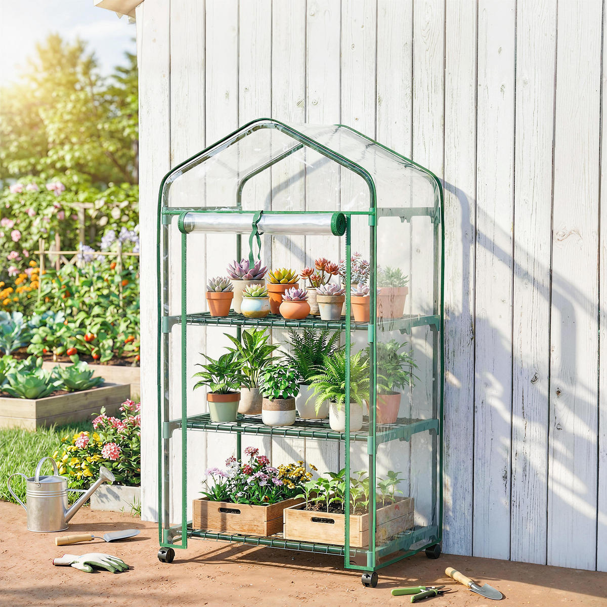 GEWÄCHSHAUS DE-12088 3 Etagen, hochdichte PVC-Bâche, 4 Rollen Transparent - Transparent, Kunststoff (49/130/69cm) - ComfortXL