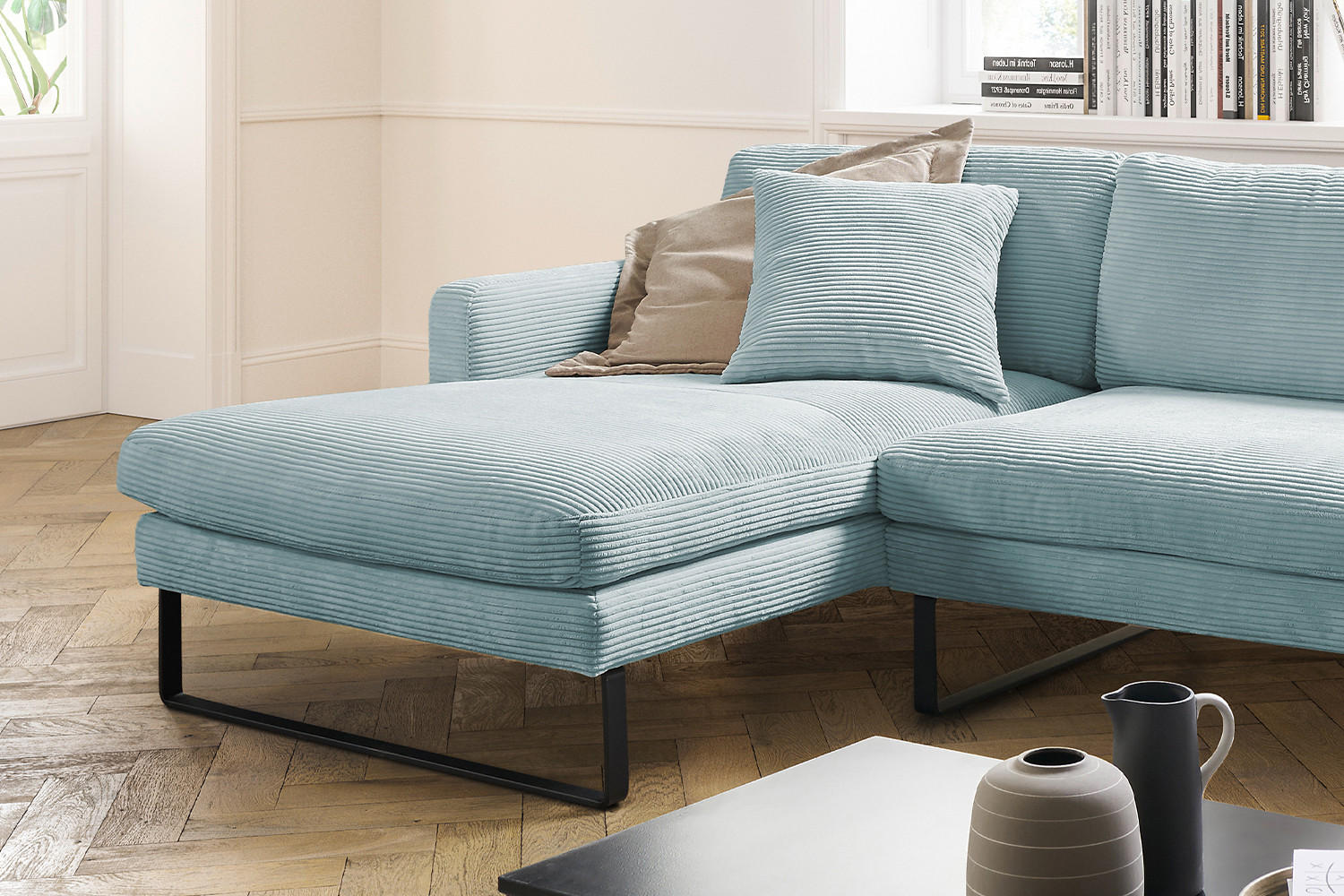 ECKSOFA RICARDA Hellblau Cord - Schwarz/Hellblau, Textil/Metall (298/154cm) - KAWOLA