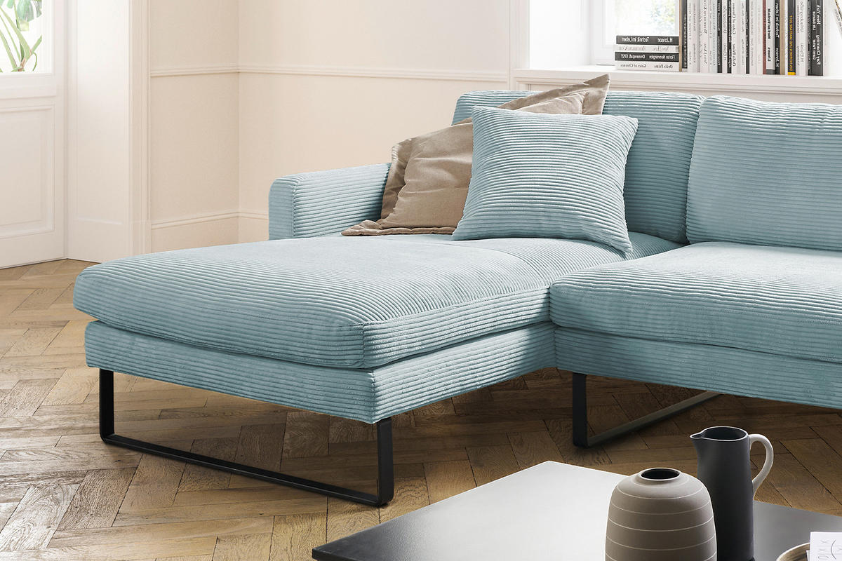 ECKSOFA RICARDA Hellblau Cord - Schwarz/Hellblau, Textil/Metall (298/154cm) - KAWOLA