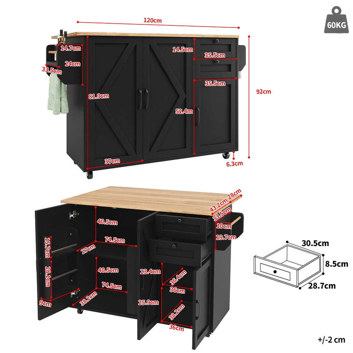 KÜCHENINSEL Klappbar, BUFFETSCHRANK mit Rollen, Holzmaserung Schwarz, 120/43,2/92 cm - Schwarz, Kunststoff (43.2/92/120cm) - Rolipo