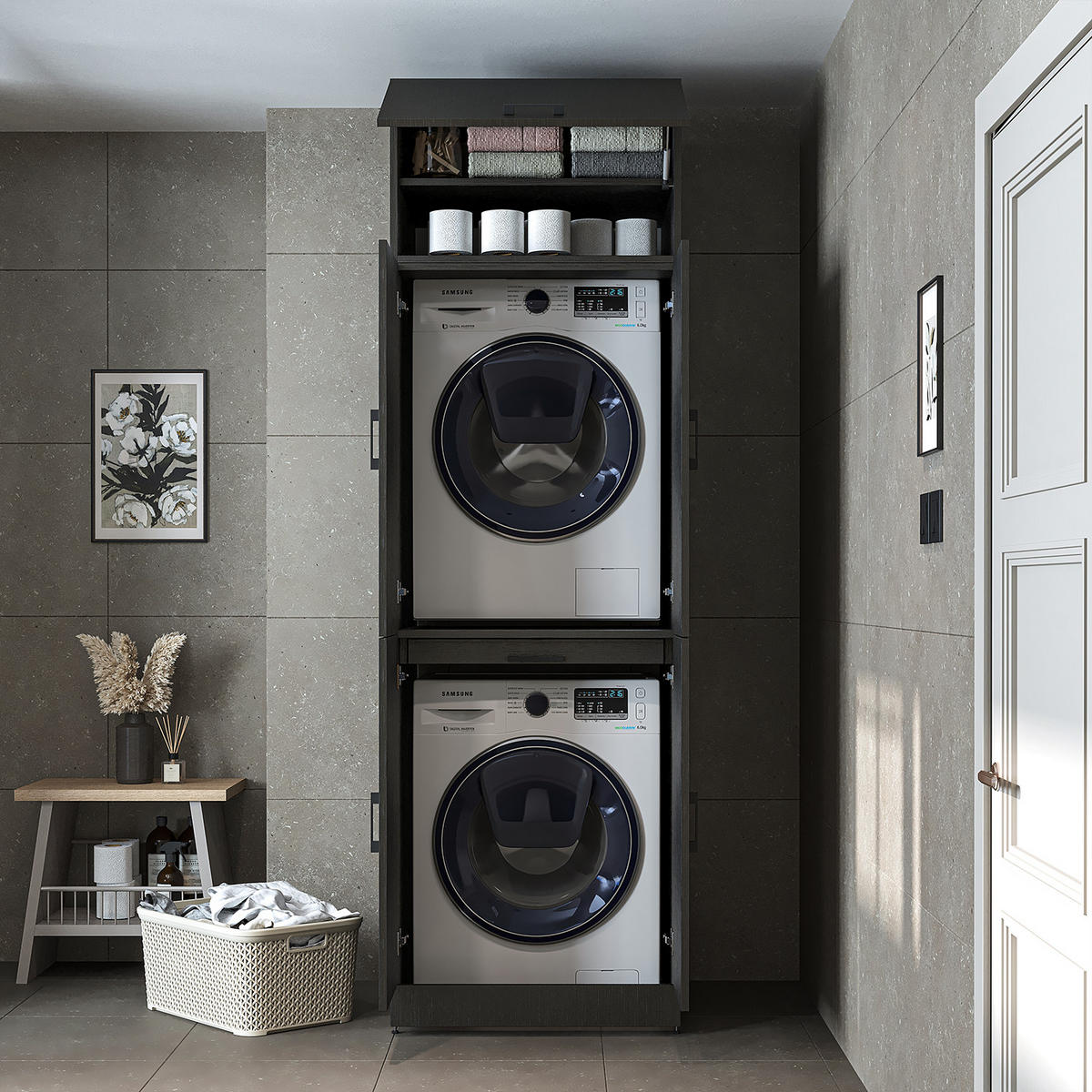 WASCHMASCHINENSCHRANK DORA-I 70cm Breit, 230cm Hoch - Schwarz, Holzwerkstoff (70/230/74cm)