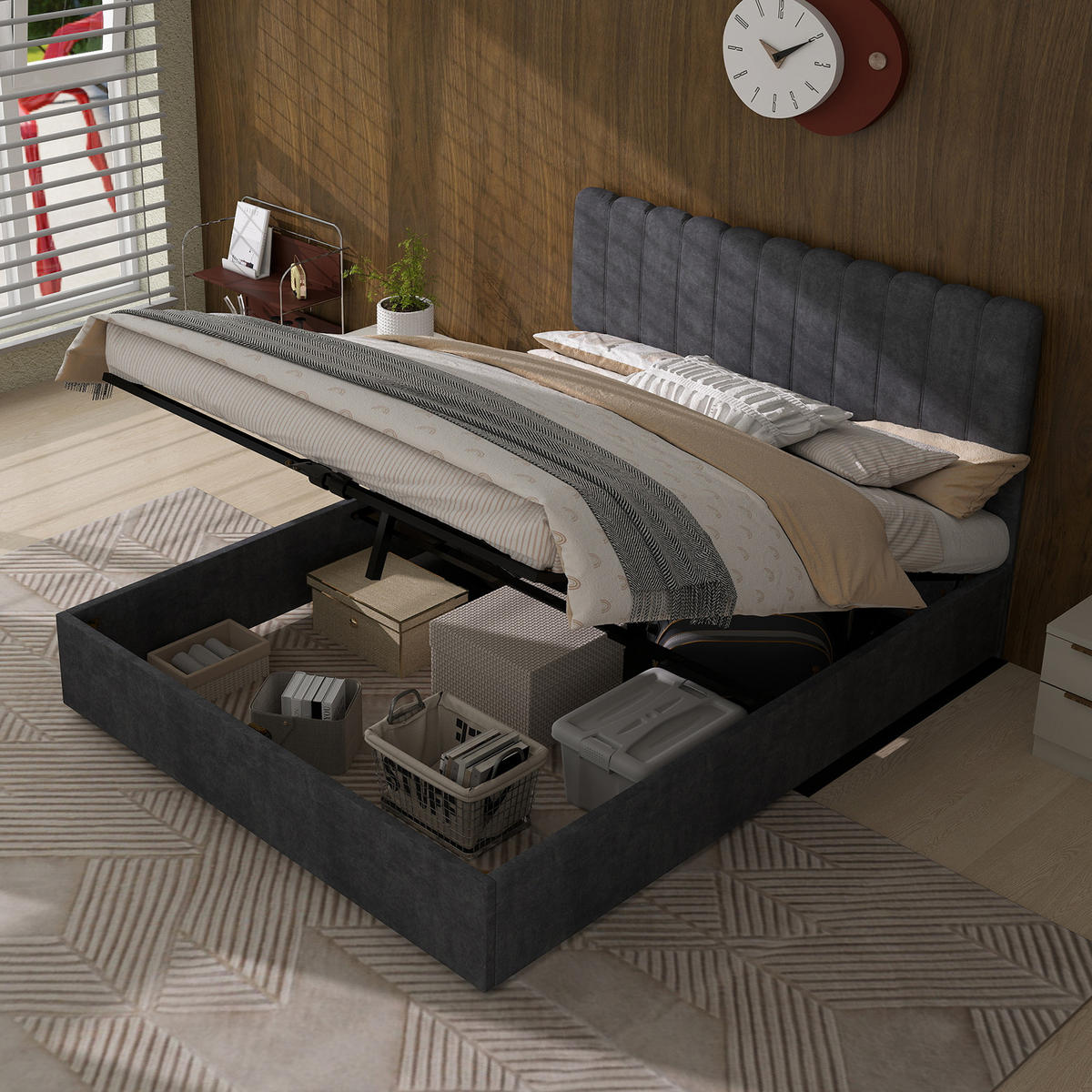 POLSTERBETT 140x200 cm Stauraum hydraulisch grau - Grau, Textil (140/200cm) - LEBENLANG