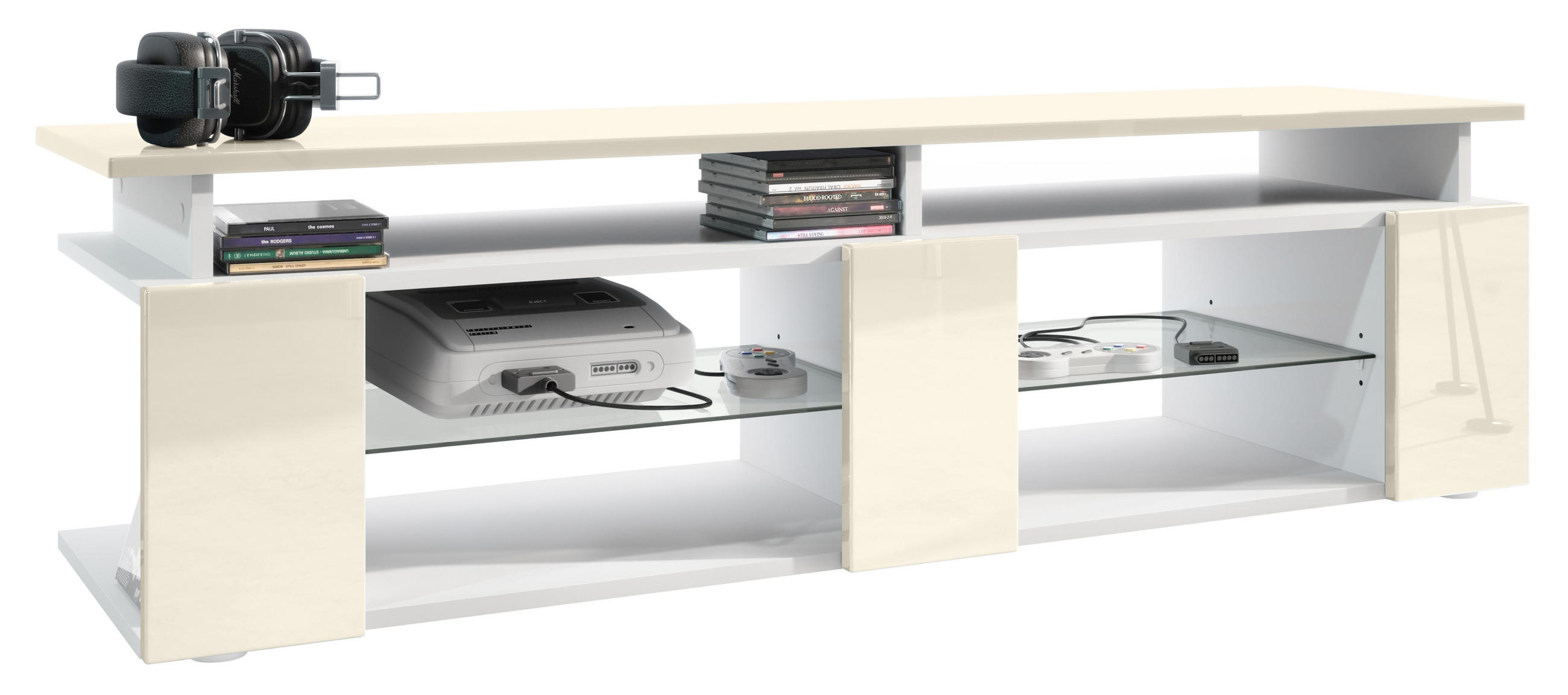 LOWBOARD Movie Fronten und obere Platte des Aufsatzes in Creme Hochglanz - Creme, Holzwerkstoff (138.5/39/39cm) - Vladon