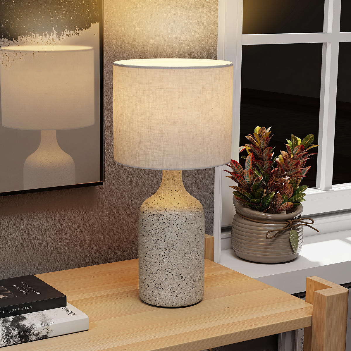 STOLNÍ lampa z keramiky, lněné vlákno, béžová - béžová, keramika (22/22/45cm) - HOMCOM