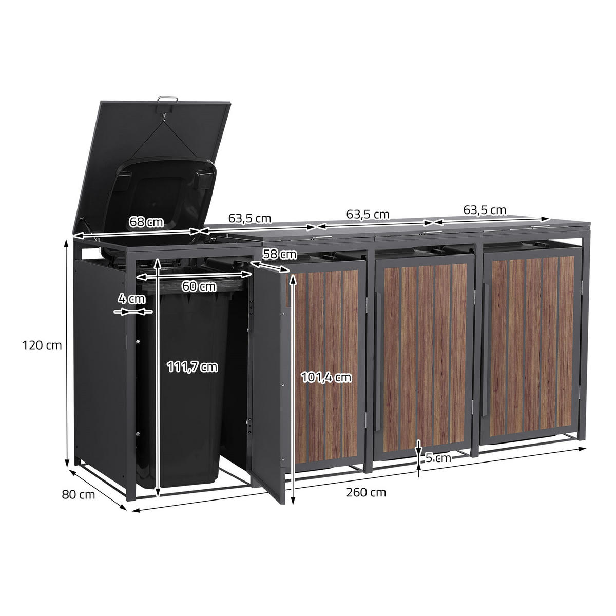 MÜLLTONNENBOX 4er 240L 260x80x120 cm Anthrazit-Eiche dunkel aus Stahl - Dunkelbraun, Metall (80/120/260cm) - ML-DESIGN
