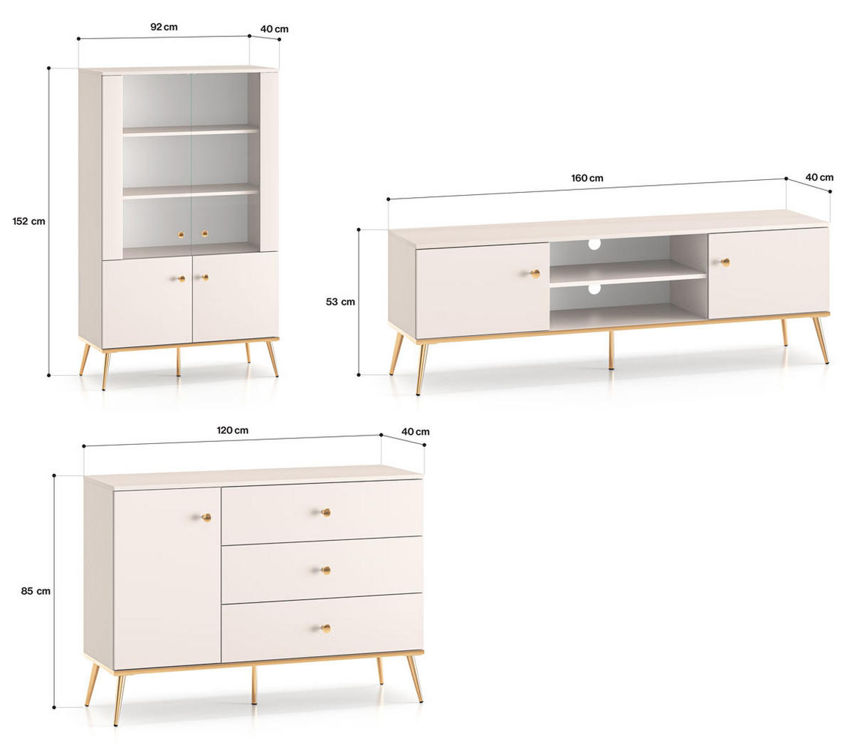 WOHNZIMMER-SET Selgin Kaschmir / Gold 3-teilig - Kaschmir/Goldfarben, Holz/Holzwerkstoff (372/152/40cm) - Feldmann-Wohnen