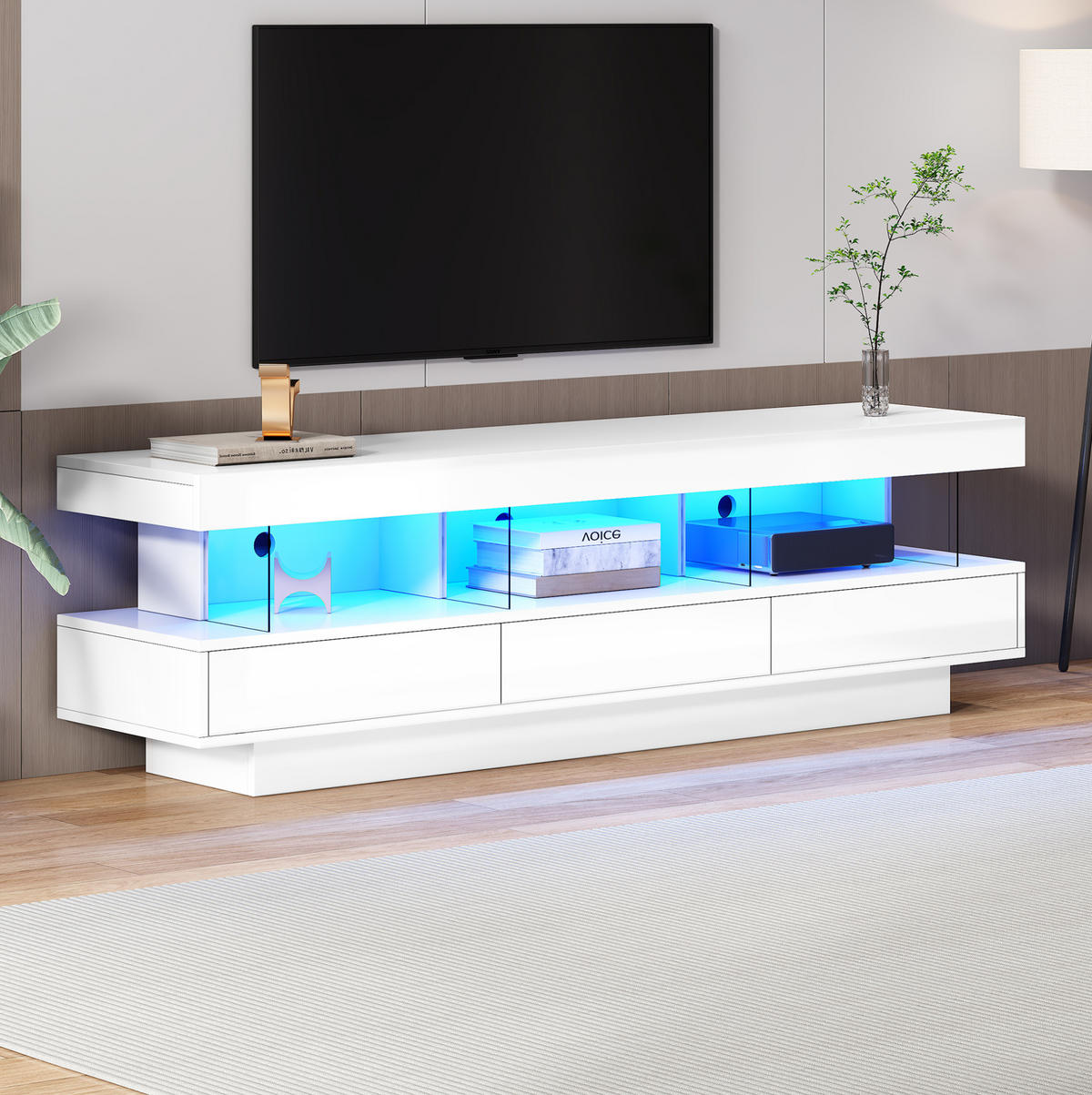 TV ormarić 160/38/50,5 cm s LED osvjetljenjem, Bluetooth upravljanjem i 3 staklena pretinca, Bijela - bijela, drvni materijal (160/50.5/38cm) - Redom