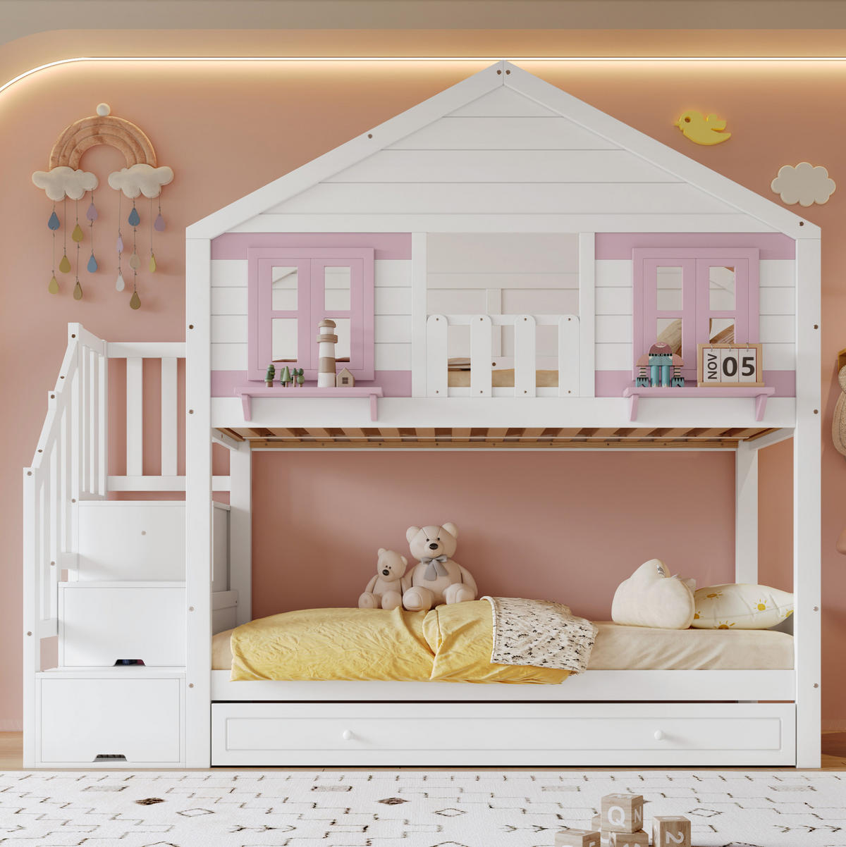 ETAGENBETT 90x200 cm in Weiß und Rosa mit Rollbett, Stauraumtreppe und Kleiderstange - Weiß, Holz (90/200cm) - IVMEU