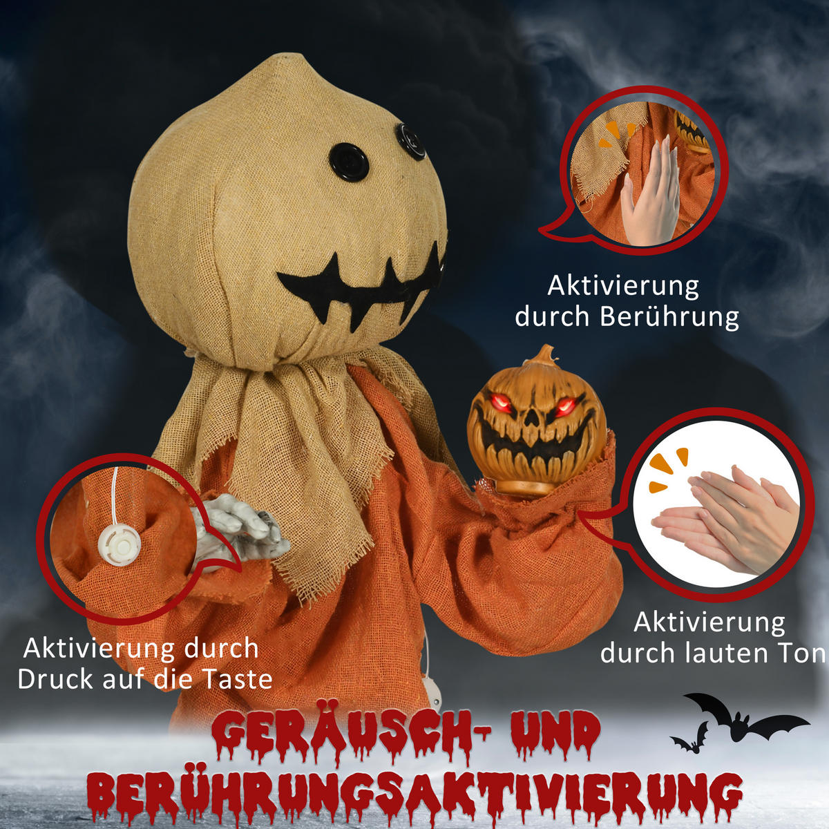 HALLOWEEN-DEKORATION Vogelscheuche 77 cm mit rot leuchtenden Augen, Soundfunktion - Orange, Textil (26/77/60cm) - HOMCOM