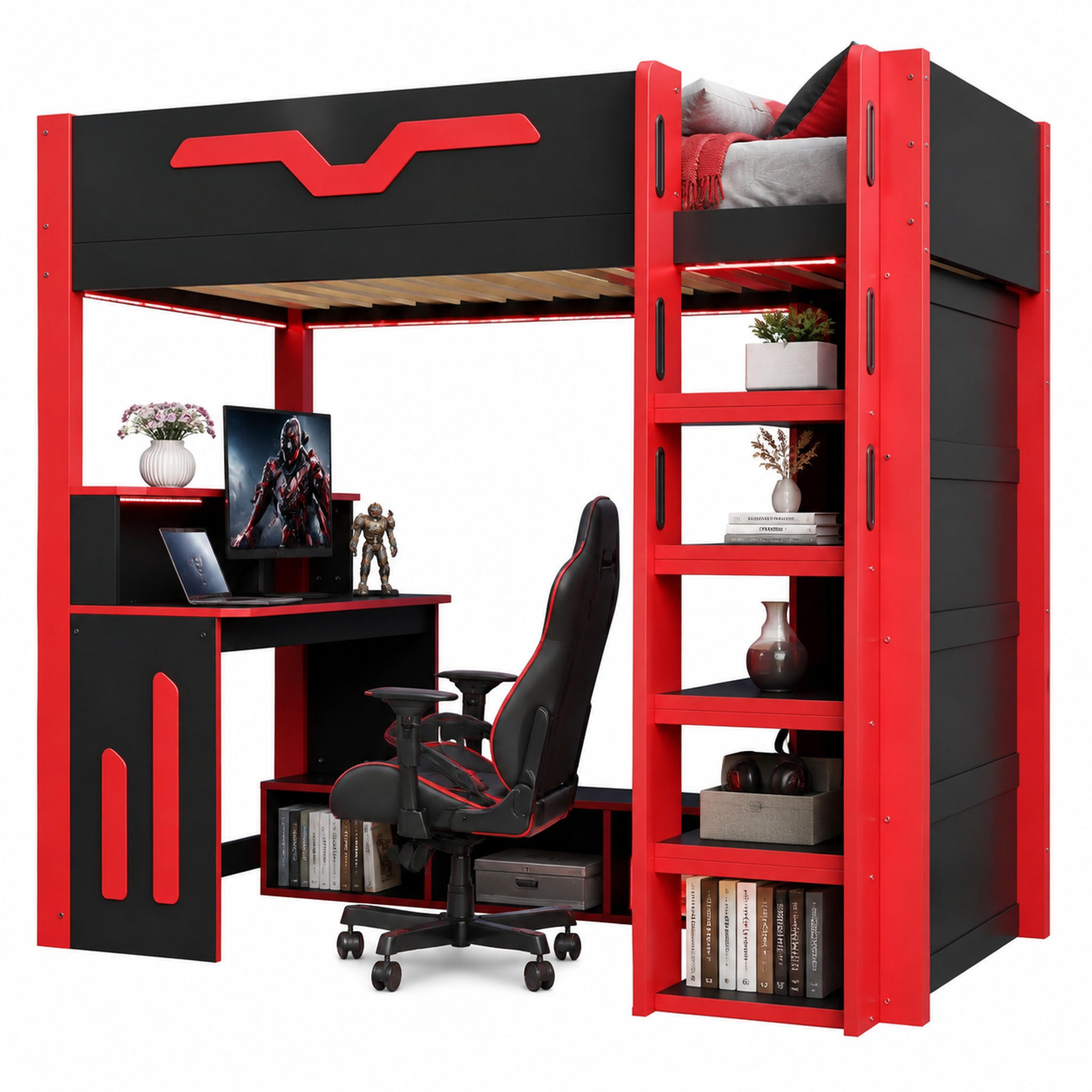 HOCHBETT mit Schreibtisch und Stauraum 90x200 cm Schwarz/Rot - Schwarz, Holz (90/200cm) - Meubliv