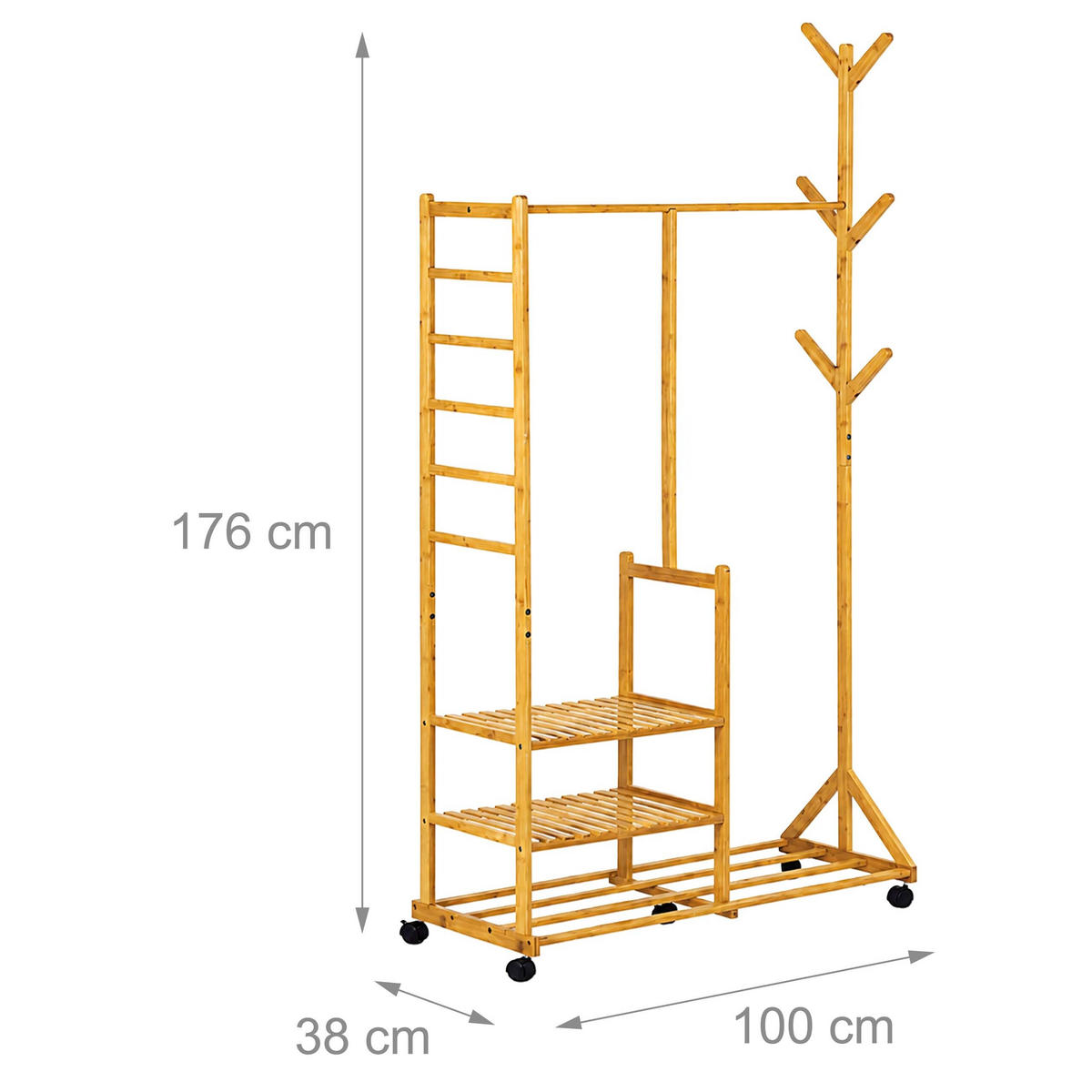 KLEIDERSTÄNDER Natur Bambus mit Rollen 6 Haken 4 Ablagen 176 cm - Hellbraun, Holz/Kunststoff (100/176/38cm) - Relaxdays