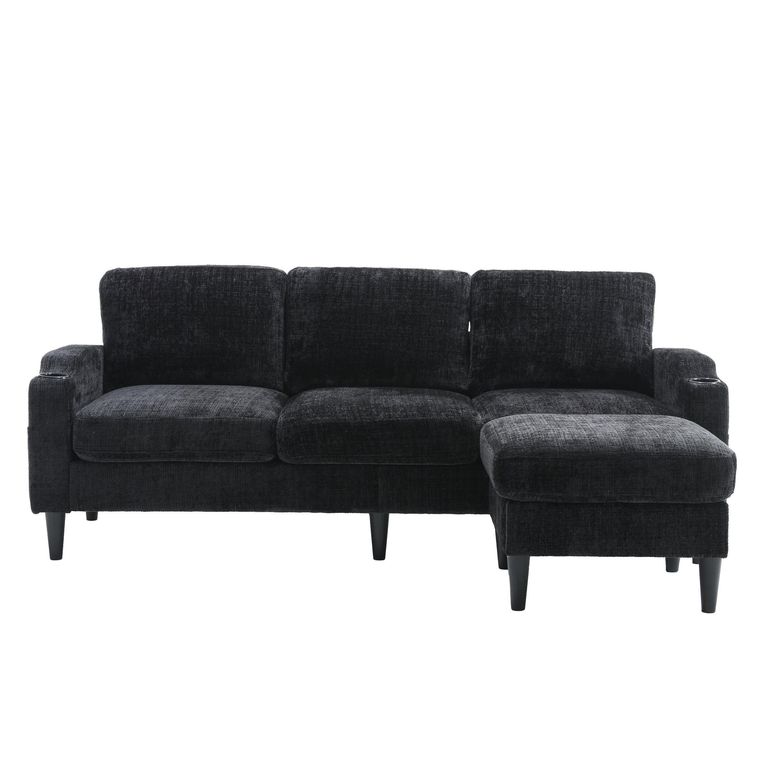 ECKSOFA 163/121/66 cm Schwarz mit 1 Aufbewahrungshocker, Aufbewahrungstasche und Getränkehalter - Schwarz, Textil (196.5/75cm) - Oxeza