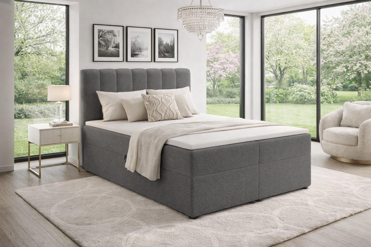 BOXBETT VINCENT 120/200 in Boucle Grau H3 - Grau, Holz/Holzwerkstoff (120/200cm) - Deine Möbel 24