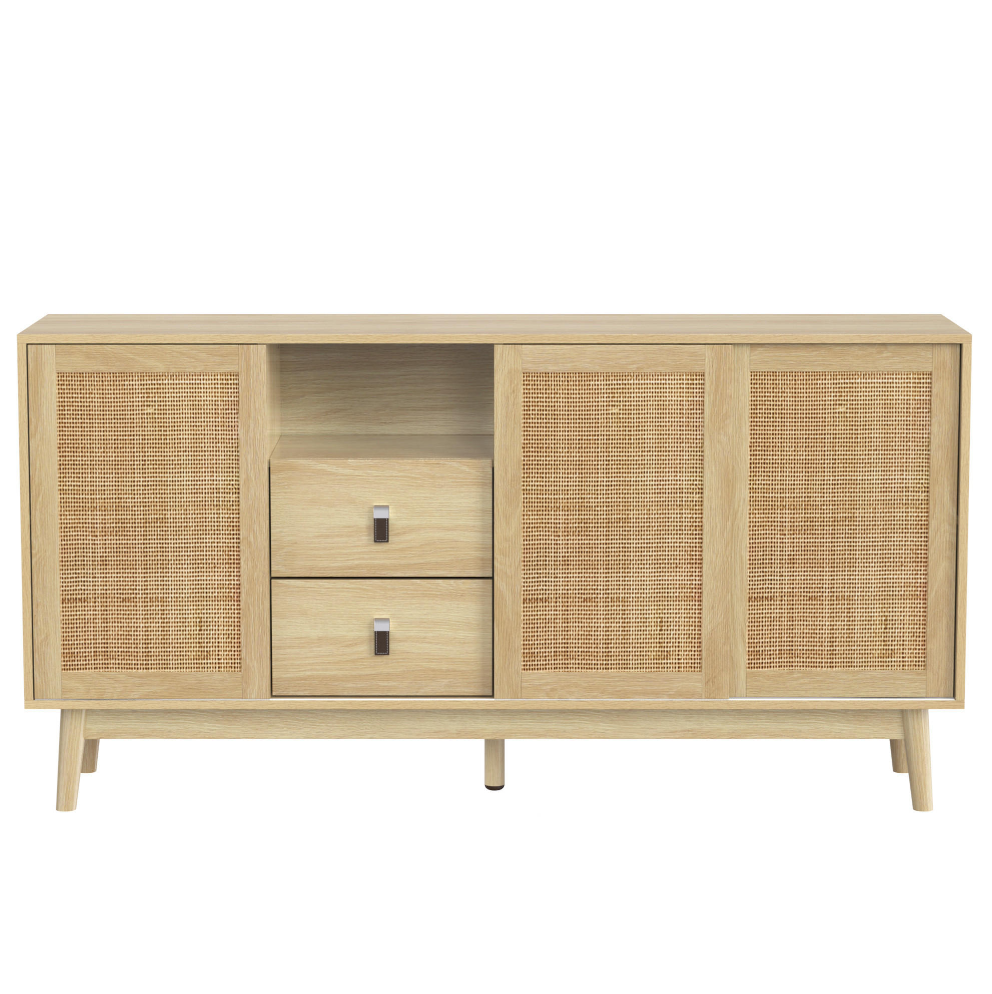 SIDEBOARD mit Schiebetüren und 2 Schubladen 155 x 38 x 80 cm Rattan Holz - Hellbraun, Holzwerkstoff (155/80/38cm) - Meubliv