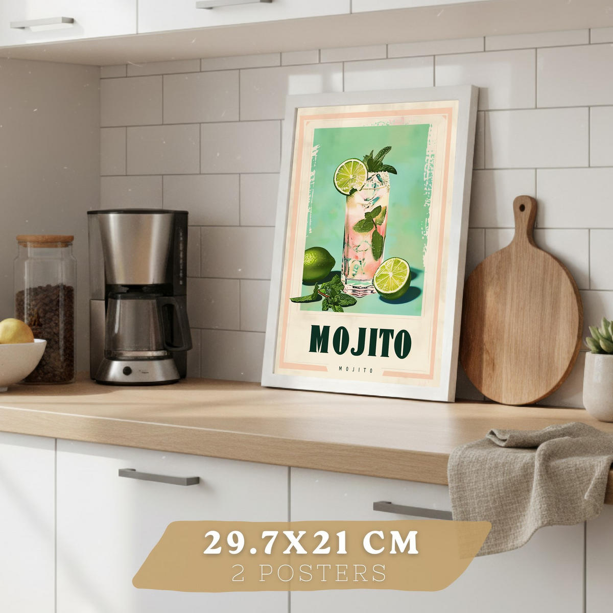 PLAKAT Sada 4 Koktejlový nápoj A4 Bílý rám - bílá, papír (29.7/1/21cm) - Nacnic