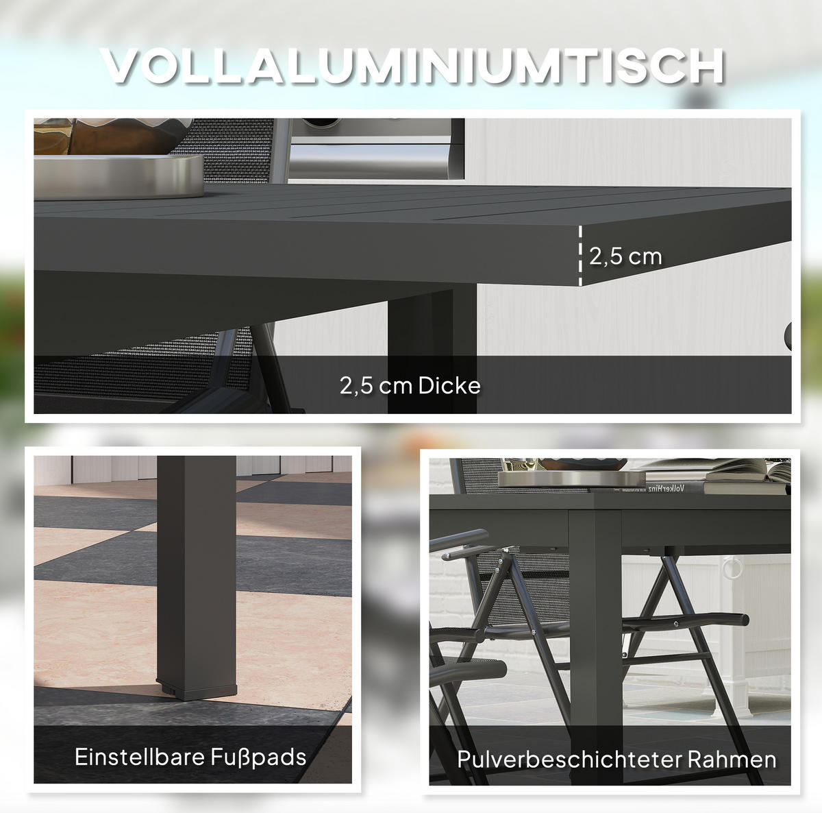 GARTENTISCH aus Aluminium 160/220x90x73 cm Grau ausziehbar mit Schmetterlingsmechanismus und geschlitzter Tischplatte - Grau, Metall (220/90/73cm) - Modfu