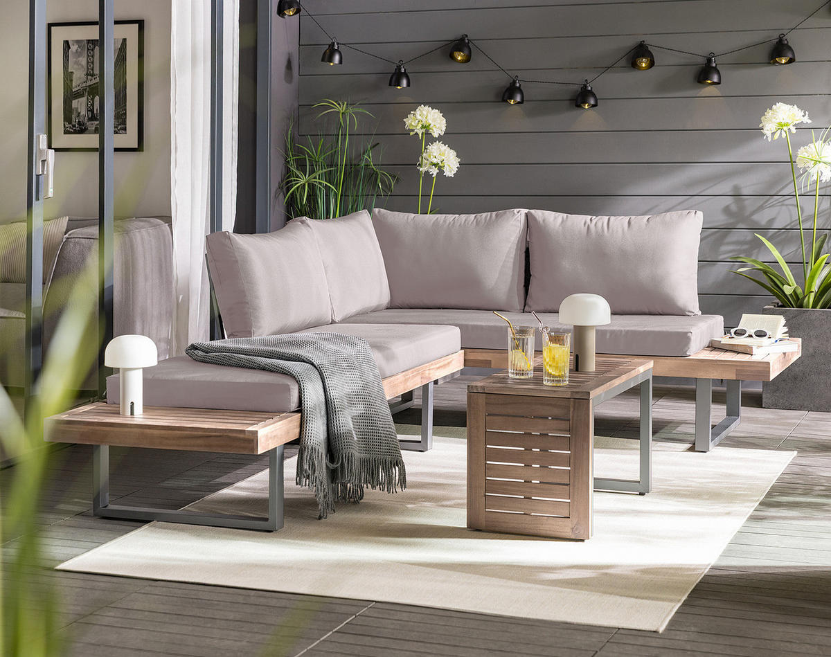 LOUNGESET - Akazie massiv / Polyester - Braun / Grau - 3-teilig - Taupe, Holz/Textil - home24