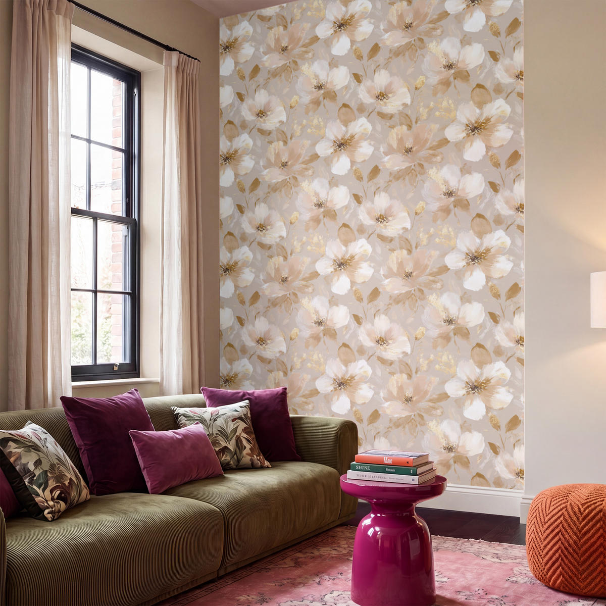 TAPETE - Blumen - künstlerisch - Gold - 180x300 cm - Beige, Papier (180/300cm) - OnlyWow