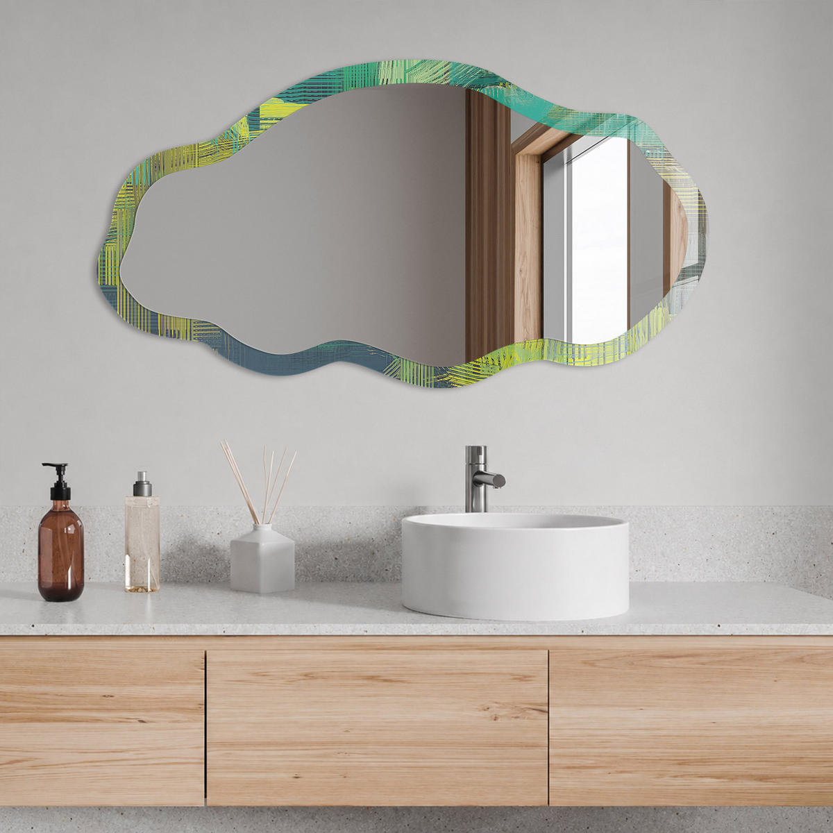 SPIEGEL 90x45 cm asymmetrisch mit Druck - Lebendige Abstraktion - Transparent, Glas (45/90/0.4cm) - TULUP
