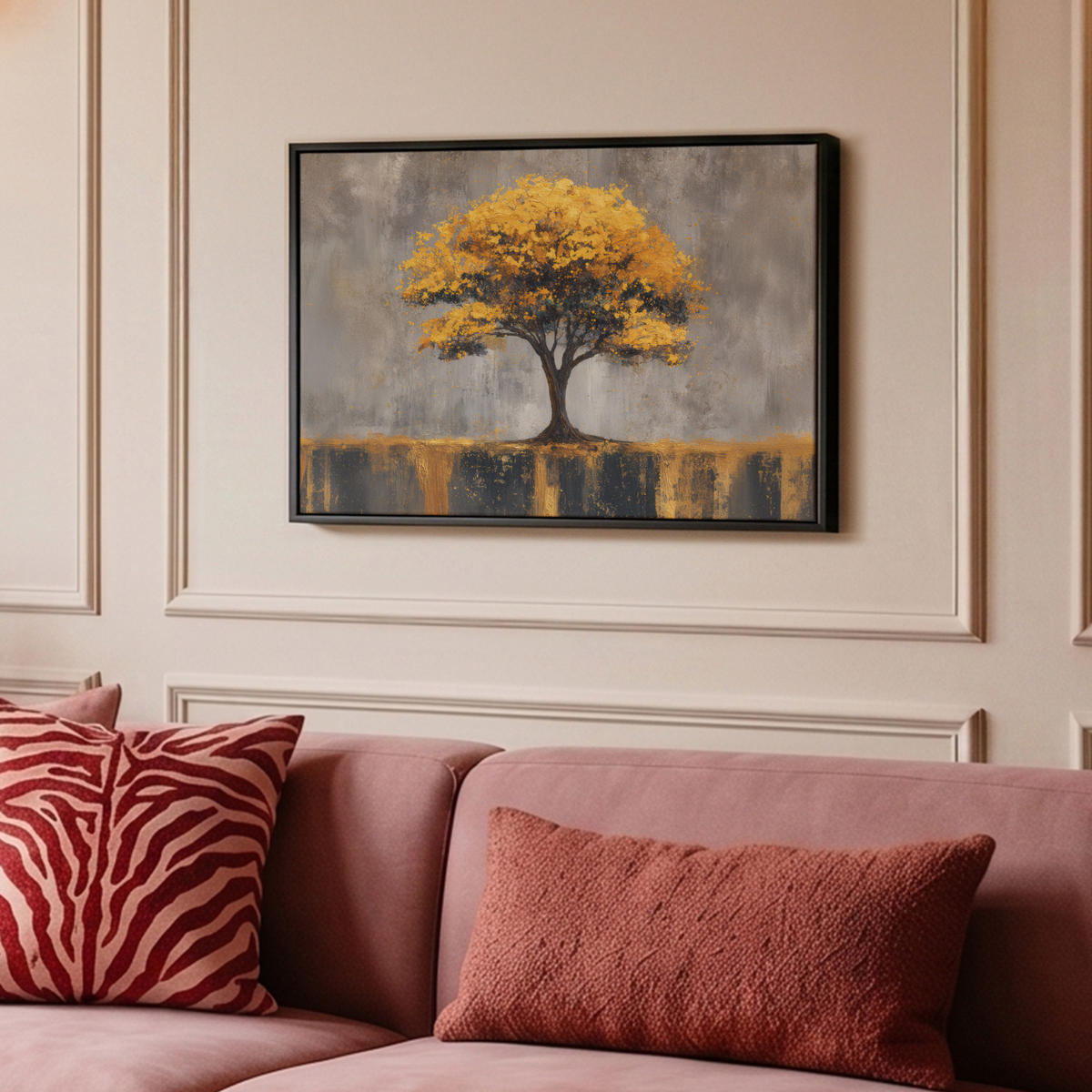 LEINWAND Bilder mit Rahmen - Baum - Blätter - Gold - Abstrakt - 60x40 - Grau, Textil (60/40cm) - MuchoWow