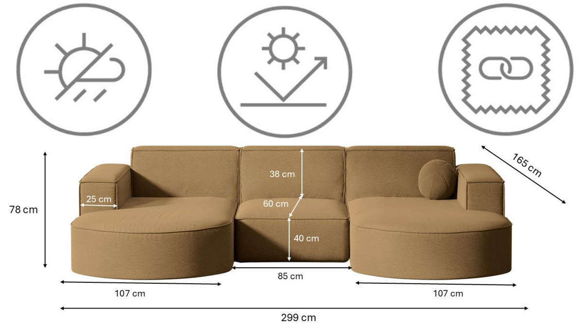 GARTENECKSOFA U-Form Garten Modena Studio Sofa-U Patio Capucino - Cappuccino, Holz/Textil (165/78/299cm) - Kaiser Möbel