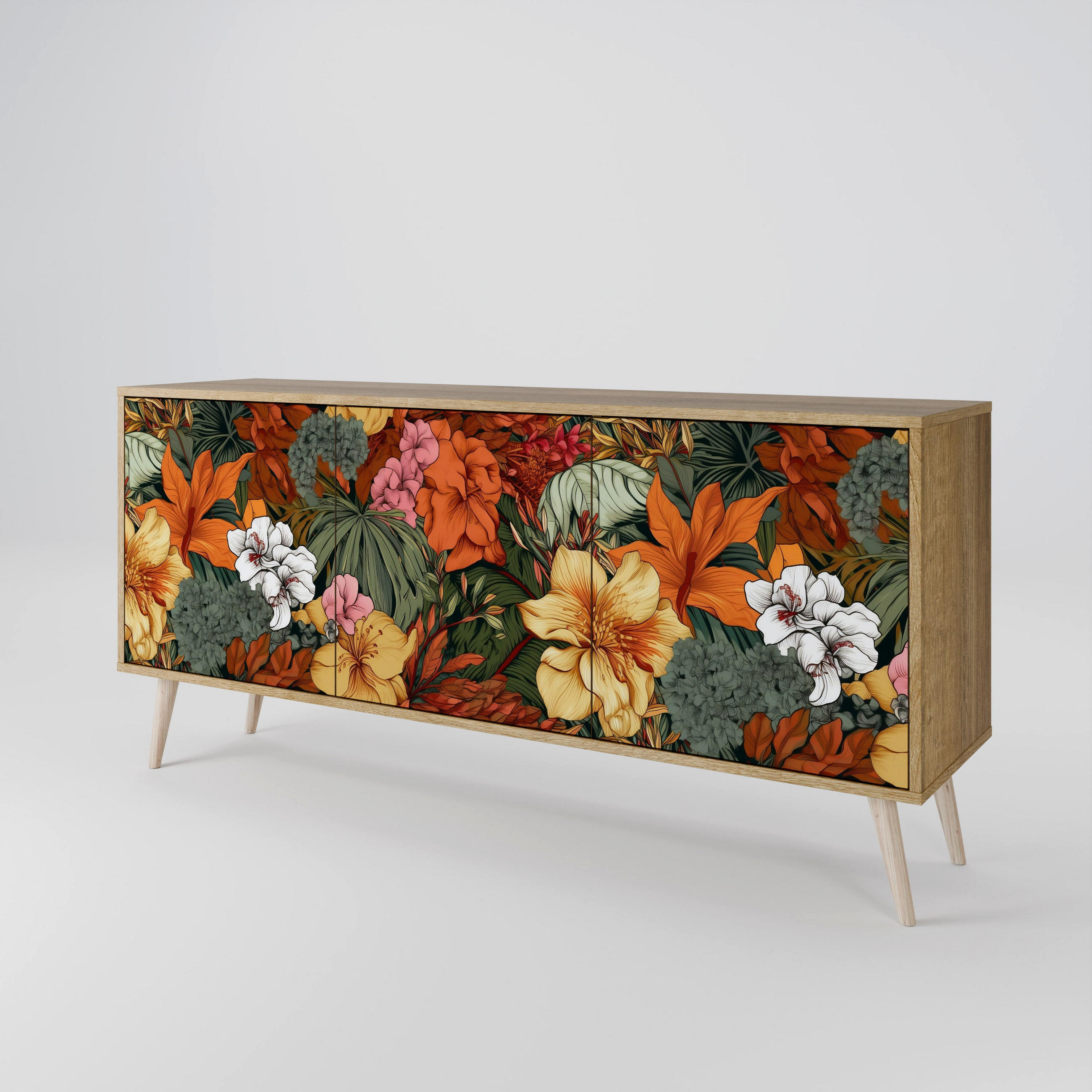 SIDEBOARD RADIANT FLORA, Eicheneffekt, 164,5x42x77,5 cm, 3 Türen - Eichefarben/Buchefarben, Holzwerkstoff/Buchenholz (164.5/77.5/42cm) - SpaceRebels