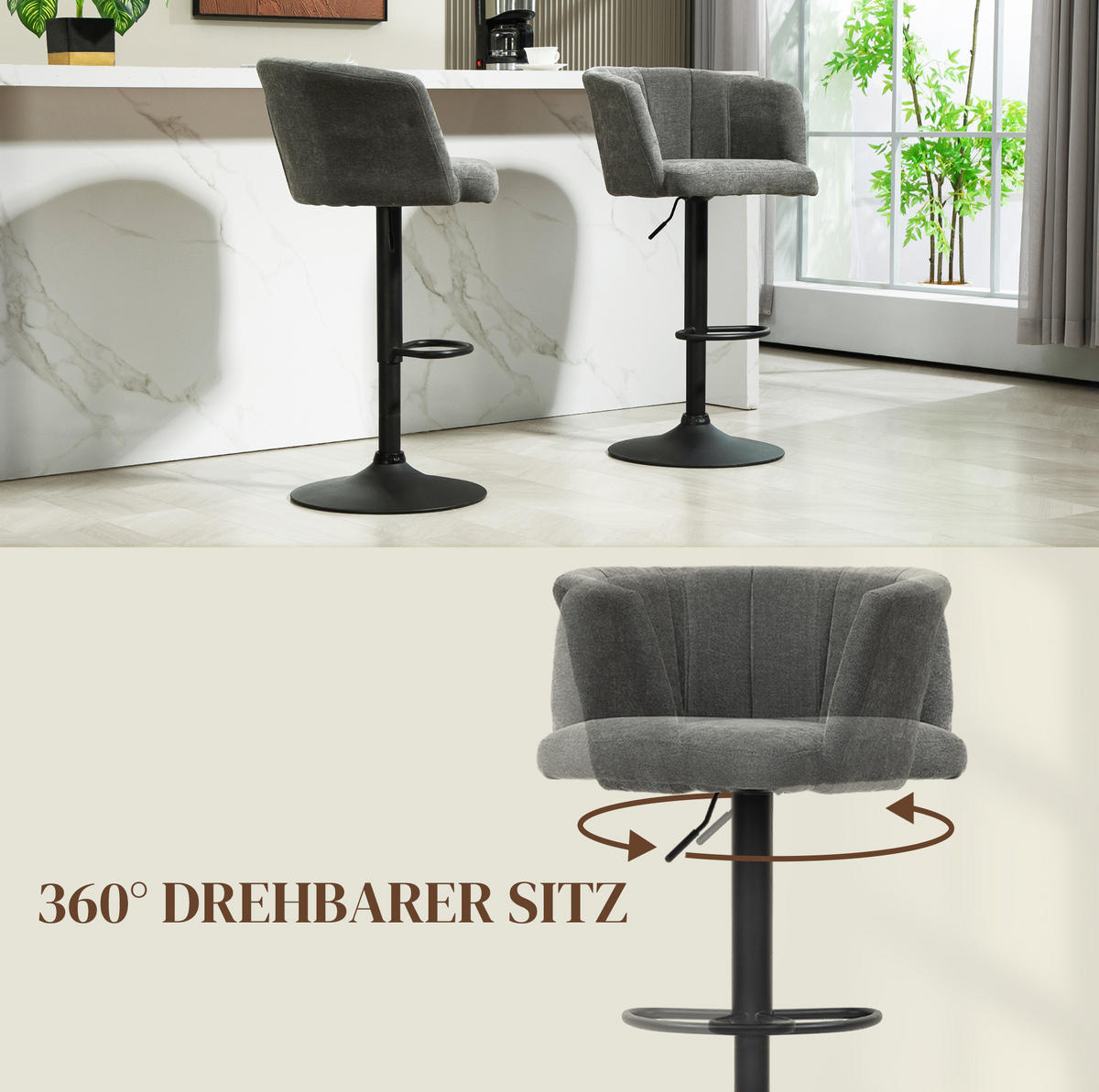BARHOCKER 2er-Set höhenverstellbar 64-85 cm Polyester Dunkelgrau - Dunkelgrau, Metall (53/110/59cm) - Meubliv