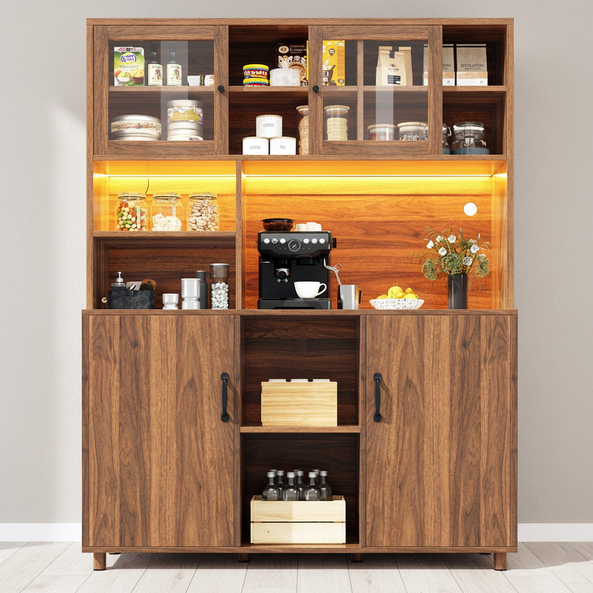 HIGHBOARD Holzoptik Walnuss mit LED & Glastüren - Walnussfarben, Glas/Holzwerkstoff (120/185/40cm) - Urban Meuble