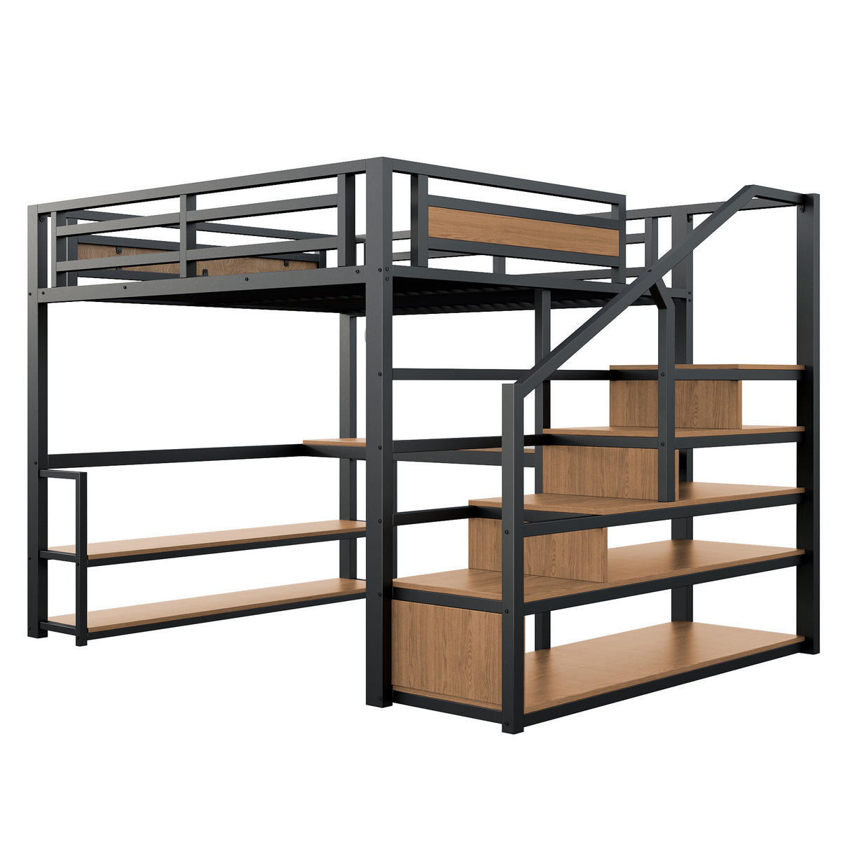 HOCHBETT 140/200 cm aus Metall und MDF mit Leiterregal und Schreibtisch Schwarz - Schwarz, Metall (140/200cm) - Modenvie