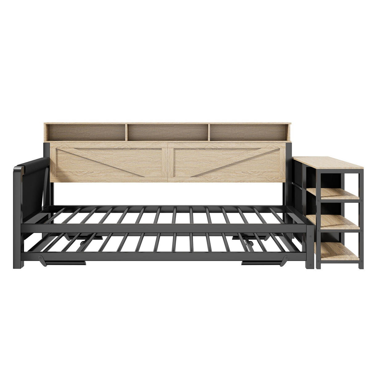 TAGESBETT aus Metall und MDF 90x200 cm Schwarz mit Ausziehbett, LED-Beleuchtung, USB und Stauraum - Schwarz, Holzwerkstoff (90/200cm) - Modfu