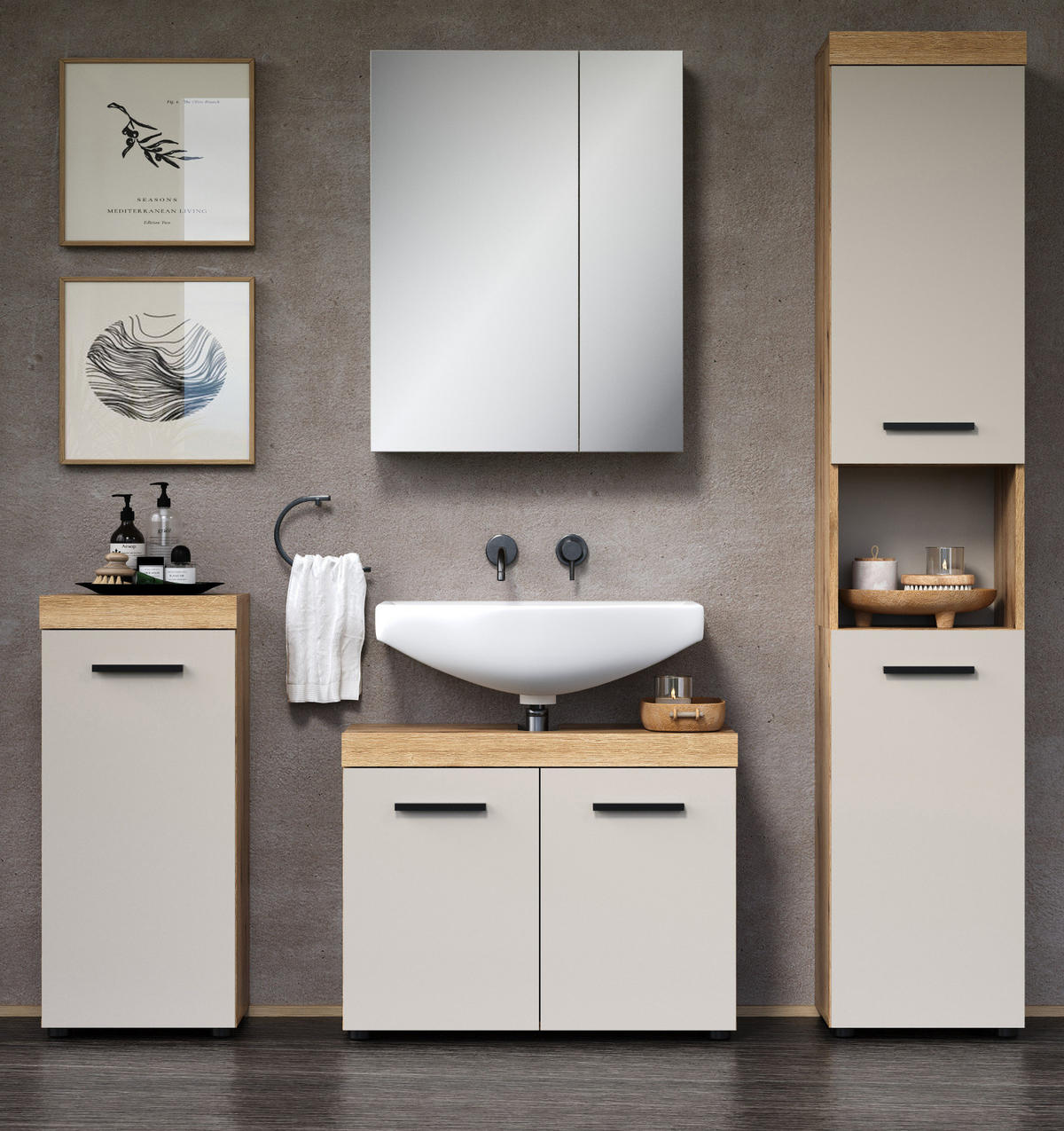 BADMÖBEL-SET Kaschmir, Evoke Eiche 4-teilig 164 x 184 cm, Badkombination in modernem Design - Kaschmir/Eichefarben, Glas/Holzwerkstoff (164/184/34cm) - Top.Furn