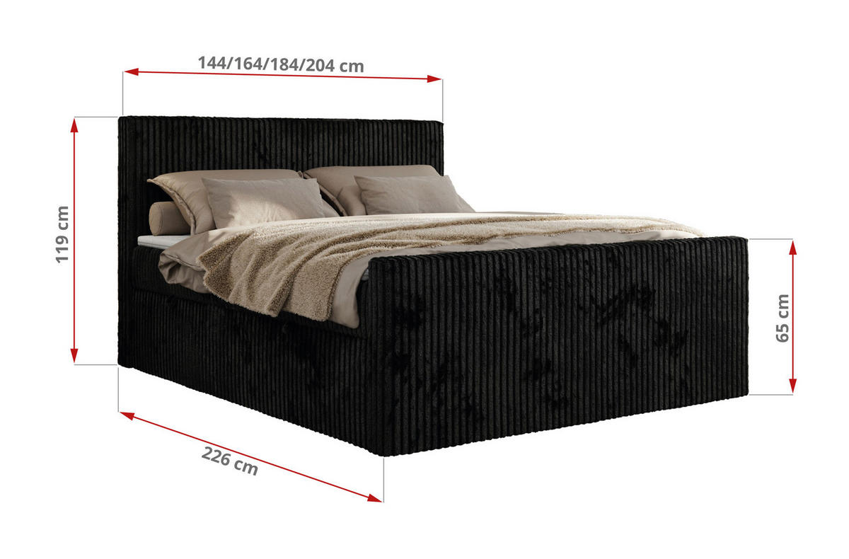 BOXBETT TILIANO DUO 160/200 - Schwarz Cord - H4 - Schwarz, Textil (160/200cm) - MKS
