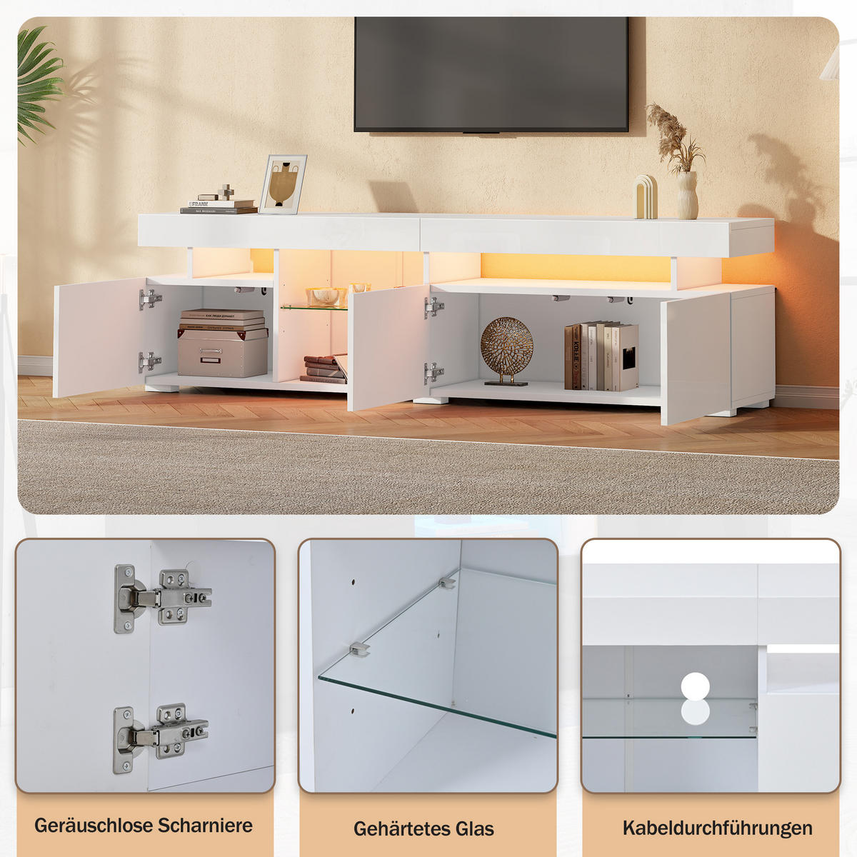 TV-LOWBOARD 180x35x45 cm Weiß Hochglanz 3 Türen Glas Einlegeböden - Weiß, Holzwerkstoff (35/45/180cm) - FLIEKS