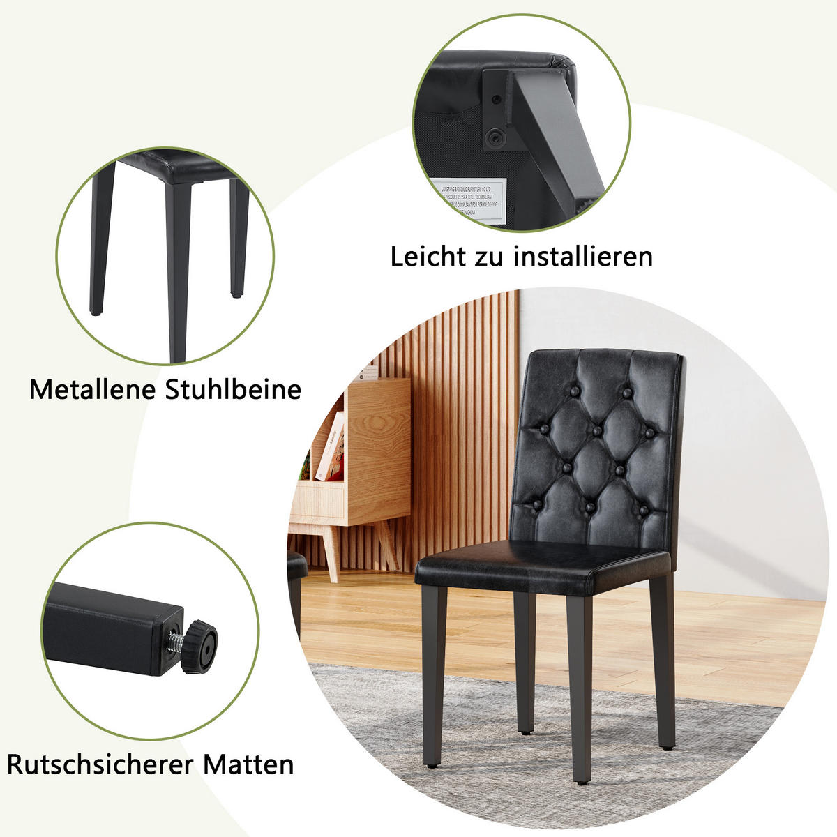 STUHL-SET DE-36651 4 Stück mit PU-Bezug und Metallbeinen Schwarz - Schwarz, Metall (46/89/42cm) - ComfortXL