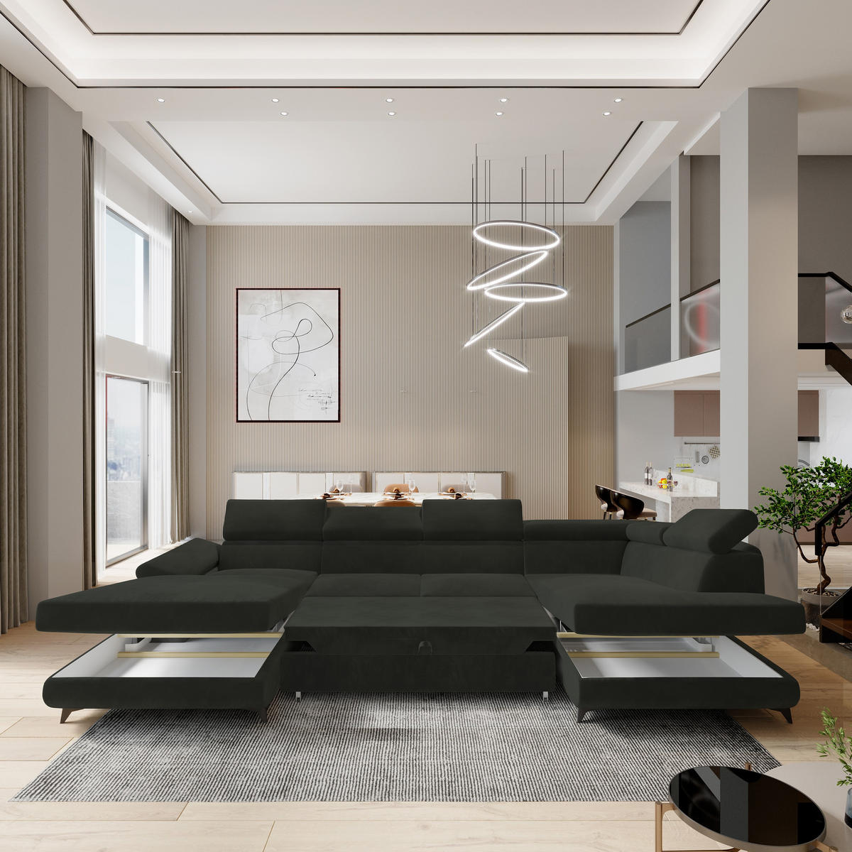 WOHNLANDSCHAFT RUBANO R-S Schwarz Velours-Stoff mit Schlaffunktion - Schwarz, Holz (339/89/190cm) - MASSENO