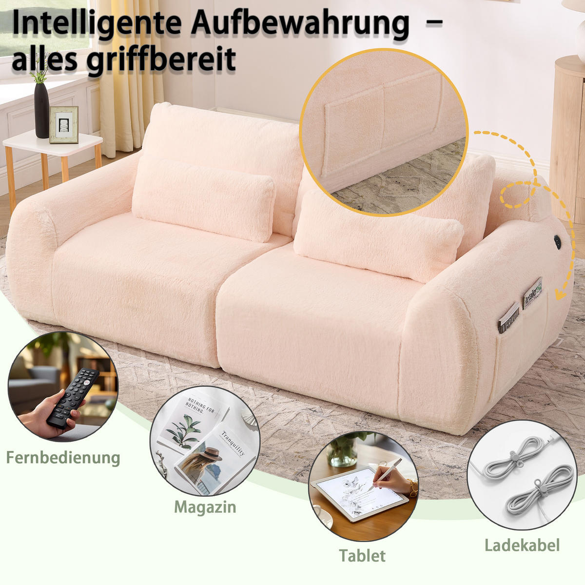 2-SITZER SOFA Kaninchenstil-Kunstfell Pink mit USB und Magazintasche - Rosa, Textil (208/81/101cm) - WISHDOR