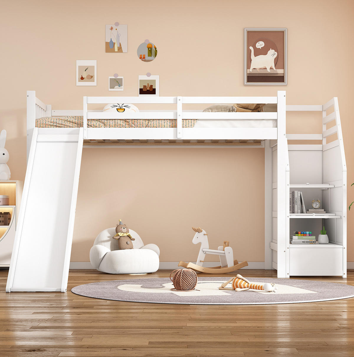 HOCHBETT 90/200 cm Weiß aus Kiefernholz und MDF mit Rutsche - Weiß, Holzwerkstoff (90/200cm) - OKMYHOME