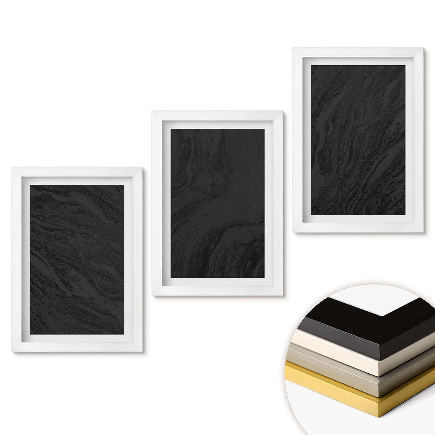 WANDBILDER 3er-Set - 20x30 cm Weißer Rahmen - Dunkler Marmor, elegante Texturen - Weiß, Kunststoff (20/30cm) - ArtPrintCave
