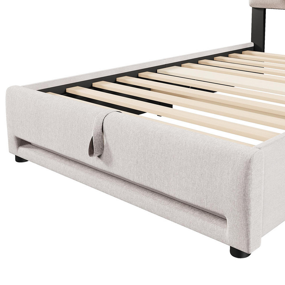 POLSTERBETT 90x200cm Mit USB-Buchse, Leinen, Beige - Beige, Holz/Textil (90/200cm) - KOMHTOM
