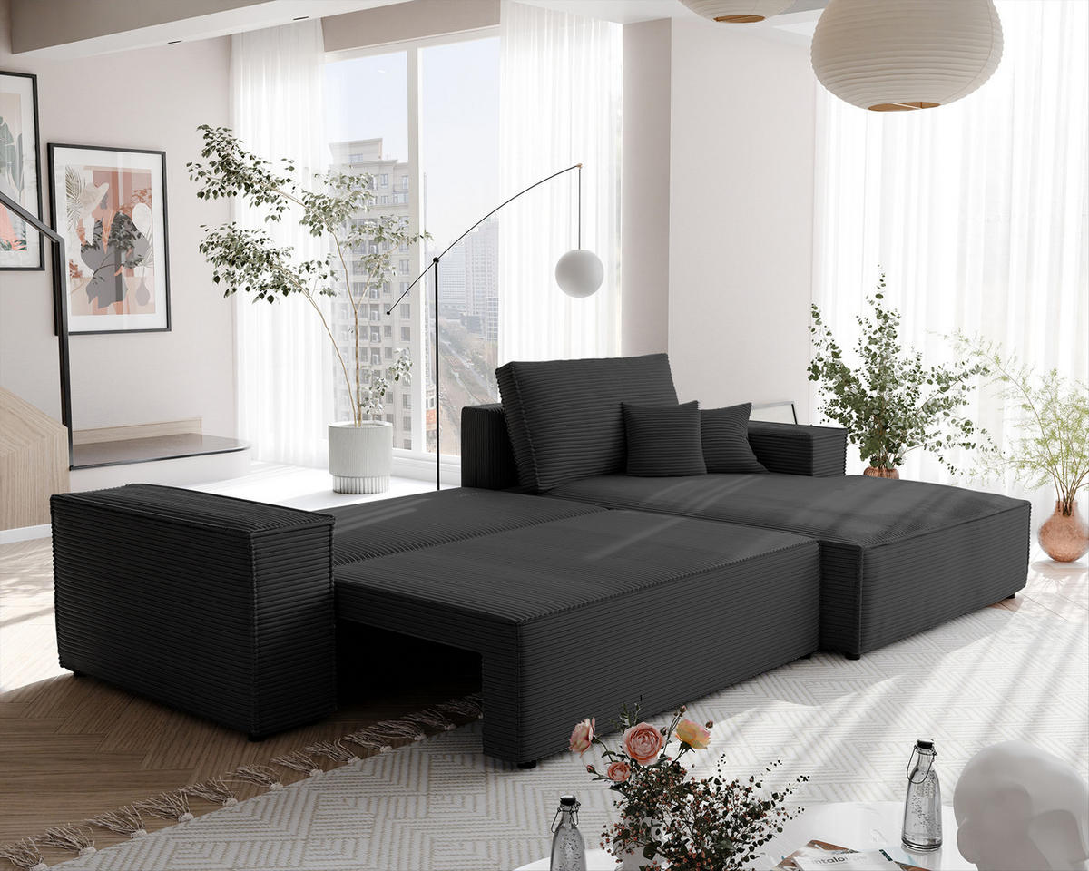 ECKSOFA NOVA mit Schlaffunktion und Bettkasten Anthrazit - Anthrazit, Holzwerkstoff/Kunststoff (250/90cm) - Idohome