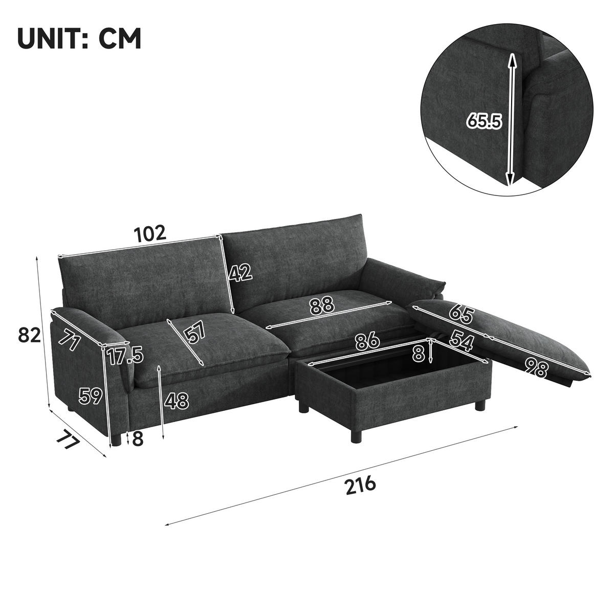 SOFA Schwarz U-Form Cloud Modular Deep Seat 216cm Hocker - Schwarz, Textil (77/82/216cm) - FLIEKS