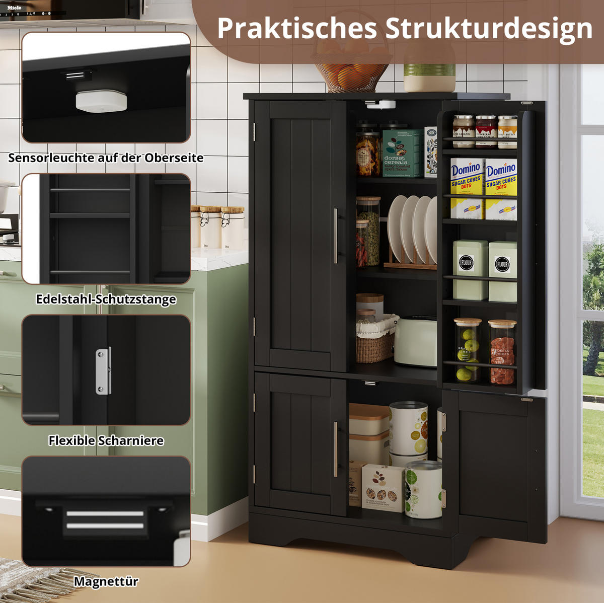 BUFFET Aufbewahrungsschrank 120x60x40cm Schwarz mit LED Licht & Wellentüren - Schwarz, Holzwerkstoff (40/120/60cm) - Modfu
