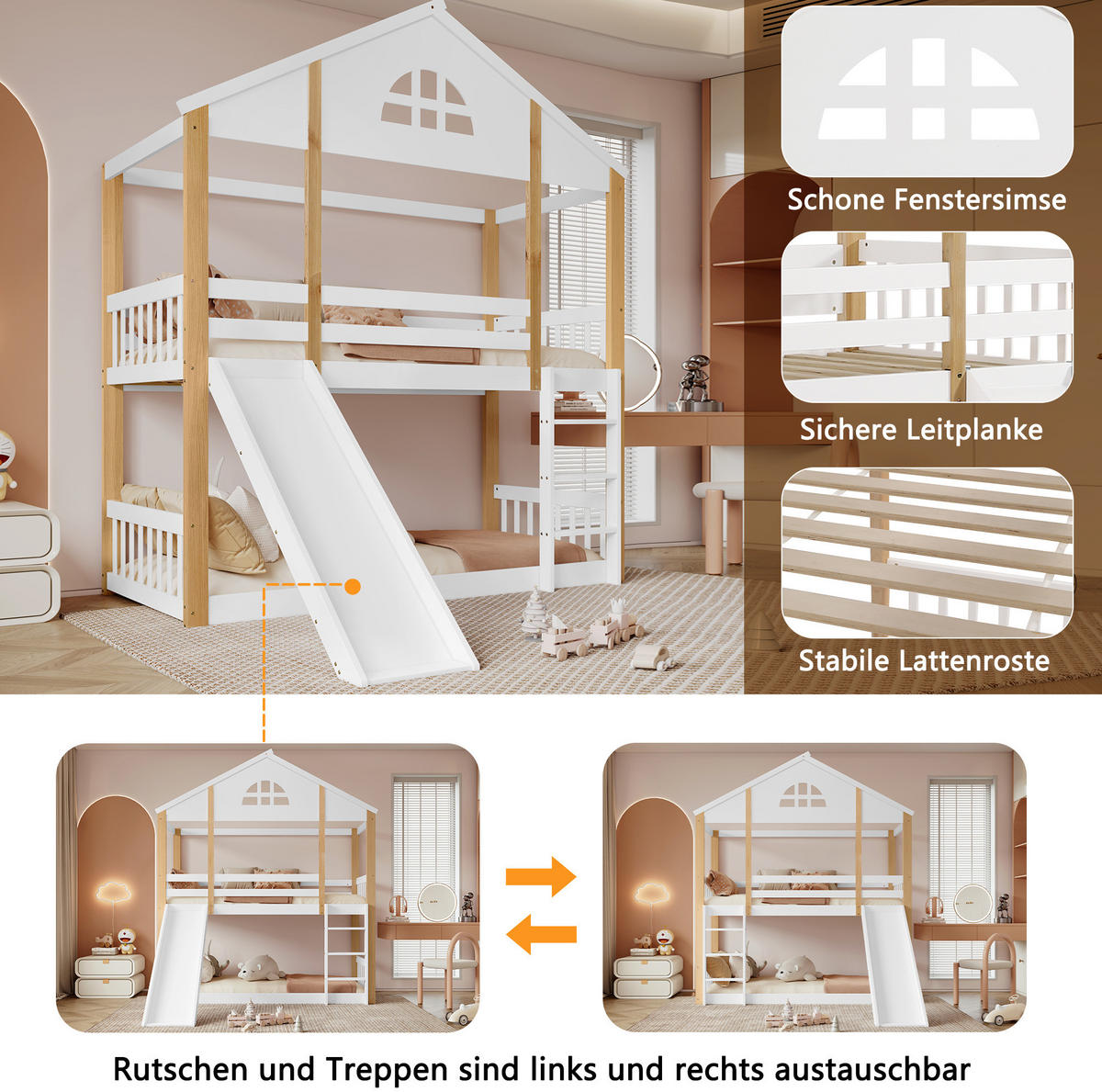 HAUSBETT 90/200 cm mit Rutsche und Hausdesign in Weiß/Natur - Weiß, Holz (90/200cm) - BEAOK