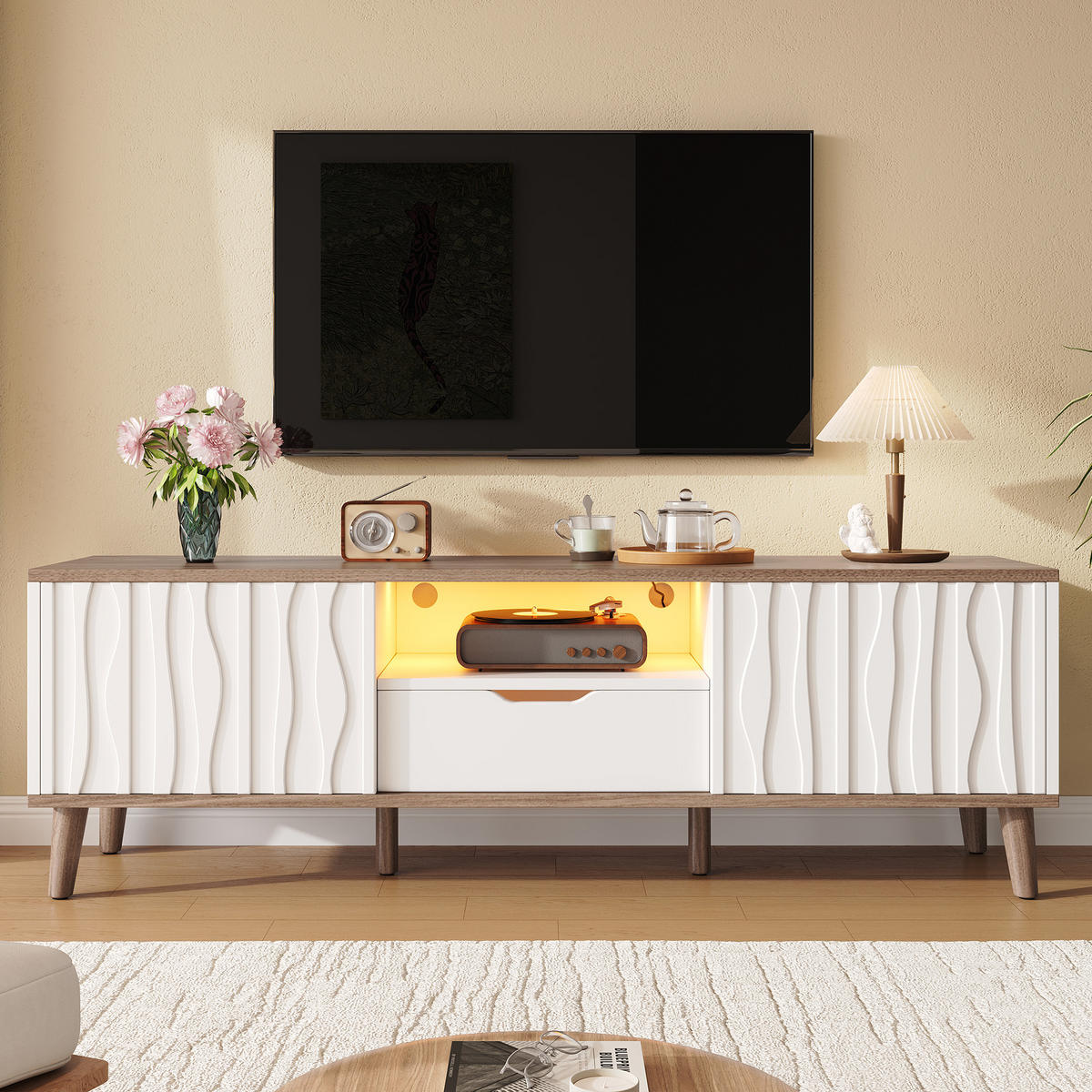 TV-ELEMENT 160/40/52 cm Weiß + Dunkles Walnuss mit 1 Schublade und Schiebetür - Weiß, Holz (160/52/40cm) - Oxeza