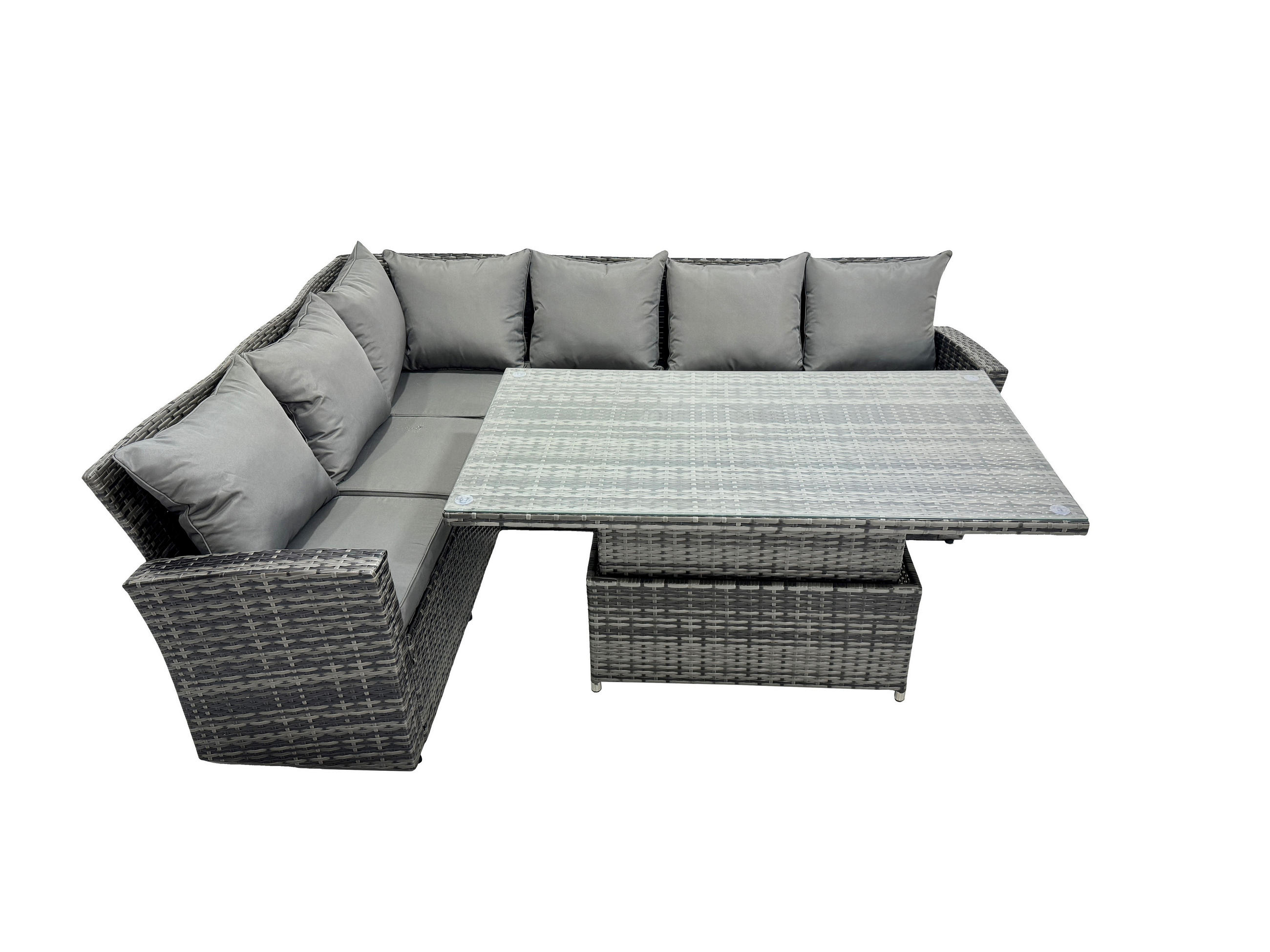 GARTENSET mit höhenverstellbarer Tisch Polyrattan 6-Sitzer - Dunkelgrau/Grau, Glas/Kunststoff - Fimous