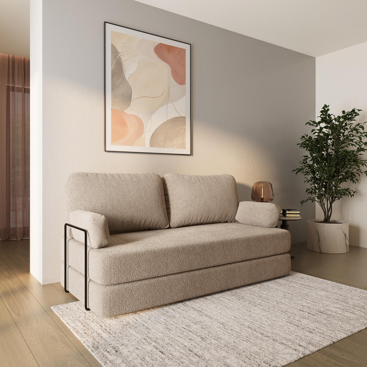 BETTSOFA NIKSI aus Schaumstoff Bucle-Stoff Beige Schlaffunktion - Beige, Textil (170/86/80cm) - MASSENO