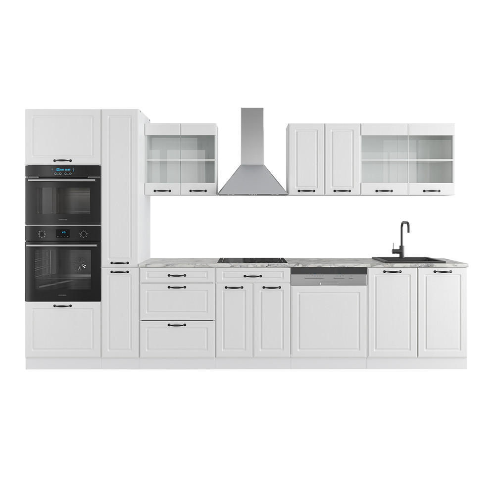 KÜCHENZEILE R-Line Weiß Landhaus/Weiß 350 cm mit Hochschrank, ohne AP - Creme/Weiß, Holzwerkstoff (350/81.6/46cm) - Vicco