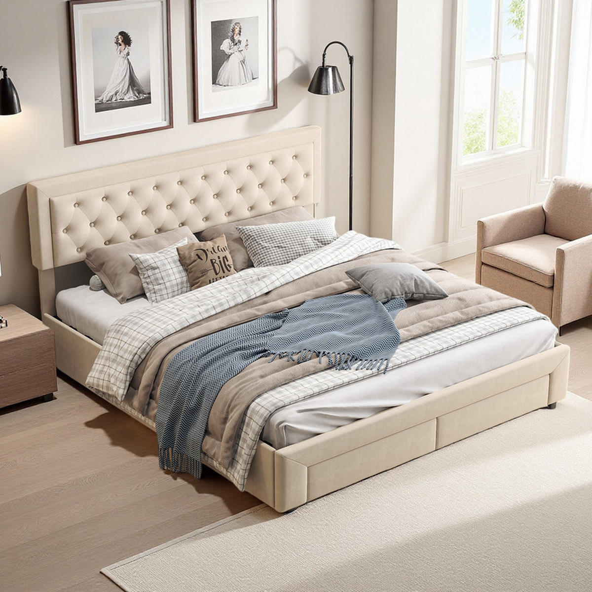 POLSTERBETT 160x200cm, Beige, Samt, mit Schubladen und Lattenrost, ohne Matratze - Beige, Holz (160/200cm) - WoodenAura
