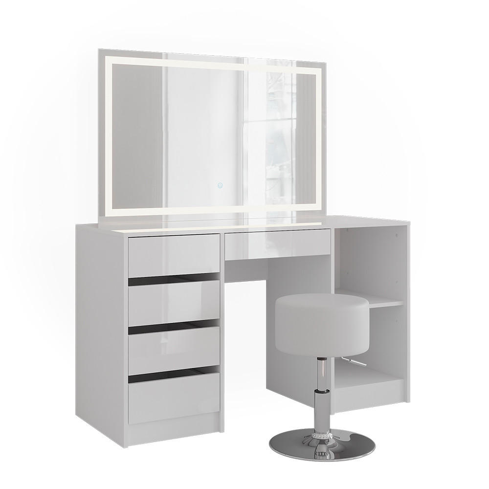 SCHMINKTISCH Sherry Weiß/Weiß Hochglanz 128.2 cm mit LED-Spiegel und Hocker - Weiß Hochglanz, Holzwerkstoff (128.2/76/50.1cm) - Vicco