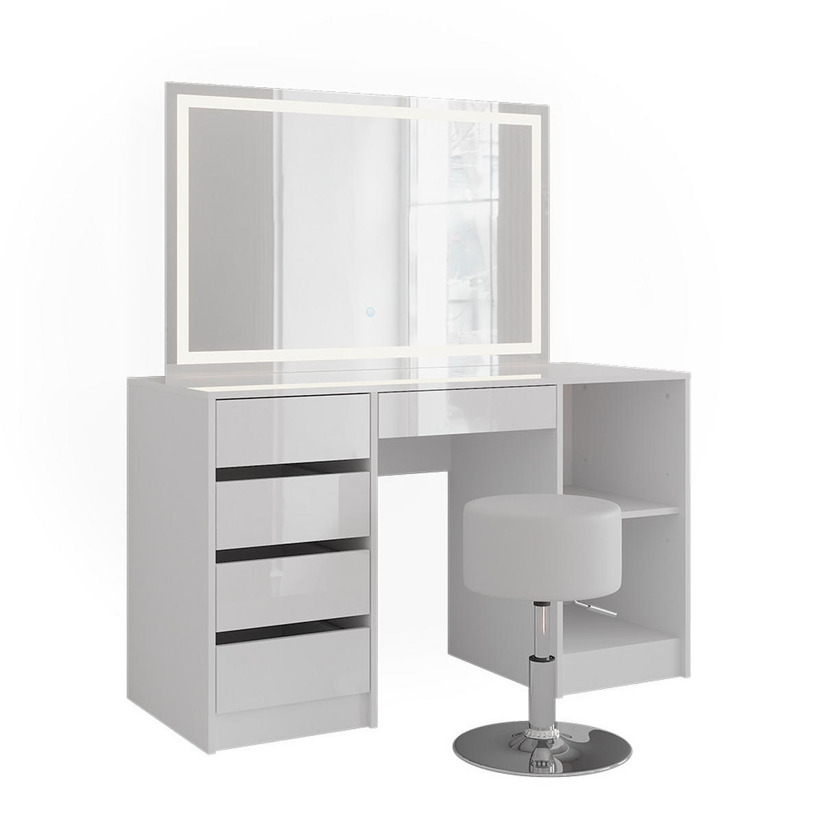 SCHMINKTISCH Sherry Weiß/Weiß Hochglanz 128.2 cm mit LED-Spiegel und Hocker - Weiß Hochglanz, Holzwerkstoff (128.2/76/50.1cm) - Vicco